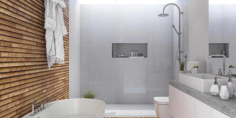 salle de bain revêtement bois et pierre
